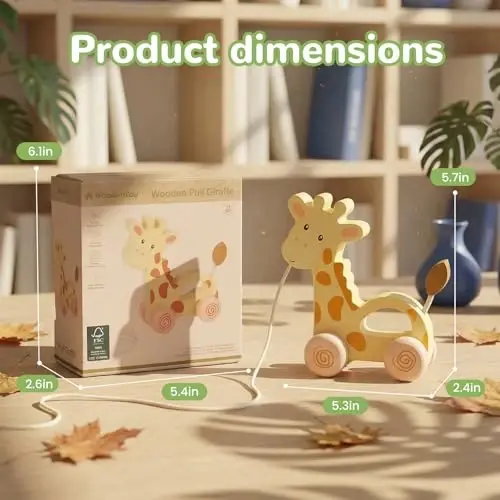 WoodenEdu Baby Toys Car,Wooden Pull Along Toddler Toy, Developmental Toy for 1 Year Old Girl Boy Birthday Gift (Small Giraffe) - 4