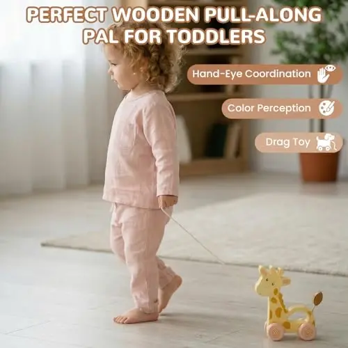 WoodenEdu Baby Toys Car,Wooden Pull Along Toddler Toy, Developmental Toy for 1 Year Old Girl Boy Birthday Gift (Small Giraffe) - 5