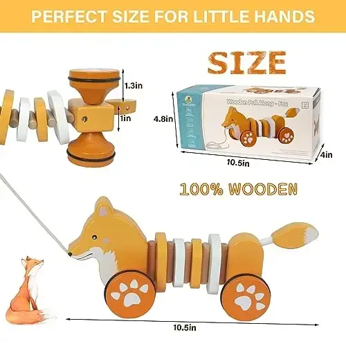WoodenEdu Baby Toys Car,Wooden Pull Along Toddler Toy, Developmental Toy for 1 Year Old Girl Boy Birthday Gift (Fox) - 3