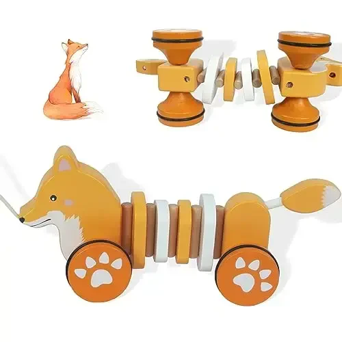 WoodenEdu Baby Toys Car,Wooden Pull Along Toddler Toy, Developmental Toy for 1 Year Old Girl Boy Birthday Gift (Fox) - 4
