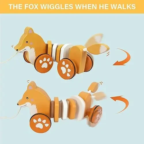 WoodenEdu Baby Toys Car,Wooden Pull Along Toddler Toy, Developmental Toy for 1 Year Old Girl Boy Birthday Gift (Fox) - 5