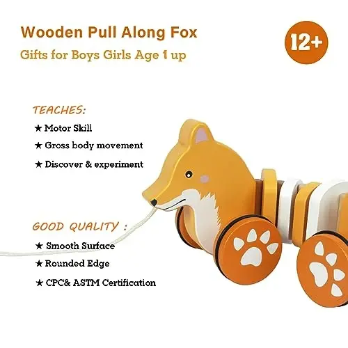 WoodenEdu Baby Toys Car,Wooden Pull Along Toddler Toy, Developmental Toy for 1 Year Old Girl Boy Birthday Gift (Fox) - 2