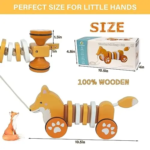 WoodenEdu Baby Toys Car,Wooden Pull Along Toddler Toy, Developmental Toy for 1 Year Old Girl Boy Birthday Gift (Fox) - 3