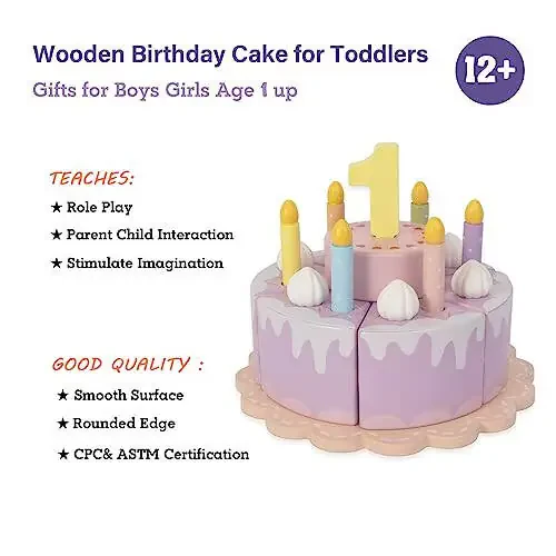 WoodenEdu Pretend Play Food for Toddlers 1-3, Wooden Birthday Fake Cake with Candles and Numbers, Tea Party Learning Kitchen Gift Toys for Boys Girls (Cream Cake) - 33