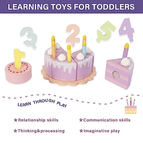 WoodenEdu Pretend Play Food for Toddlers 1-3, Wooden Birthday Fake Cake with Candles and Numbers, Tea Party Learning Kitchen Gift Toys for Boys Girls (Cream Cake) - 28