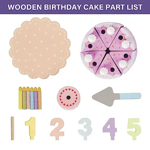 WoodenEdu Pretend Play Food for Toddlers 1-3, Wooden Birthday Fake Cake with Candles and Numbers, Tea Party Learning Kitchen Gift Toys for Boys Girls (Cream Cake) - 24