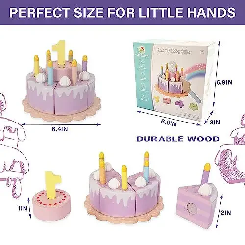 WoodenEdu Pretend Play Food for Toddlers 1-3, Wooden Birthday Fake Cake with Candles and Numbers, Tea Party Learning Kitchen Gift Toys for Boys Girls (Cream Cake) - 4