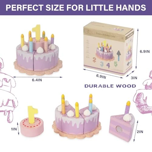 WoodenEdu Pretend Play Food for Toddlers 1-3, Wooden Birthday Fake Cake with Candles and Numbers, Tea Party Learning Kitchen Gift Toys for Boys Girls (Cream Cake) - 6