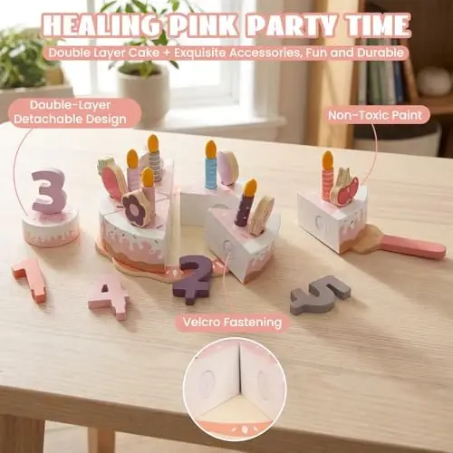 WoodenEdu Pretend Play Food for Toddlers 2-5, Wooden Birthday Fake Cake with Candles and Numbers,Tea Party Learning Kitchen Gift Toys for Boys Girls (Pink Cake) - 4