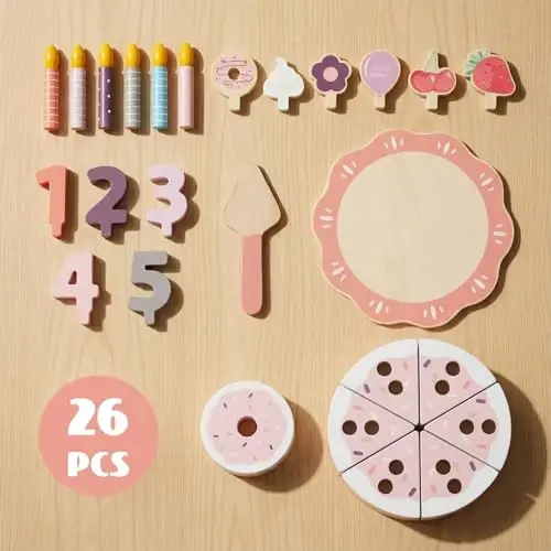 WoodenEdu Pretend Play Food for Toddlers 2-5, Wooden Birthday Fake Cake with Candles and Numbers,Tea Party Learning Kitchen Gift Toys for Boys Girls (Pink Cake) - 2