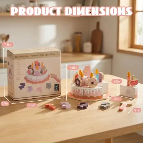 WoodenEdu Pretend Play Food for Toddlers 2-5, Wooden Birthday Fake Cake with Candles and Numbers,Tea Party Learning Kitchen Gift Toys for Boys Girls (Pink Cake) - 3