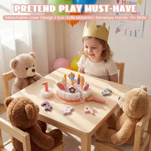 WoodenEdu Pretend Play Food for Toddlers 2-5, Wooden Birthday Fake Cake with Candles and Numbers,Tea Party Learning Kitchen Gift Toys for Boys Girls (Pink Cake) - 5