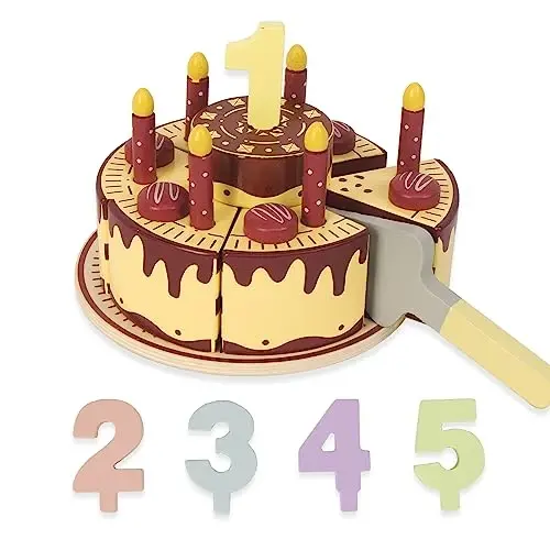 WoodenEdu Pretend Play Food for Toddlers 2-5,Wooden Birthday Fake Cake with Candles and Numbers,Tea Party Learning Kitchen Gift Toys for Boys Girls (Chocolate Cake) - WOODENEDU