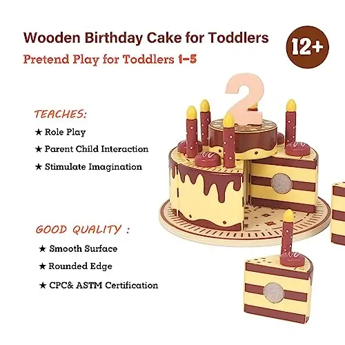 WoodenEdu Pretend Play Food for Toddlers 2-5,Wooden Birthday Fake Cake with Candles and Numbers,Tea Party Learning Kitchen Gift Toys for Boys Girls (Chocolate Cake) - 4
