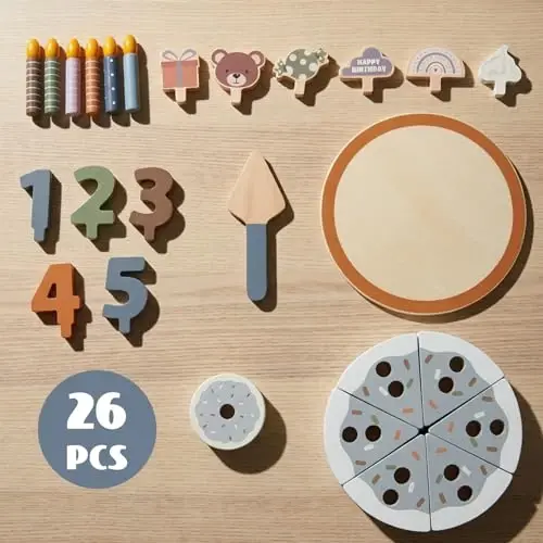 WoodenEdu Pretend Play Food for Toddlers 2-5,Wooden Birthday Fake Cake with Candles and Numbers,Tea Party Learning Kitchen Gift Toys for Boys Girls (Grey Cake) - 2