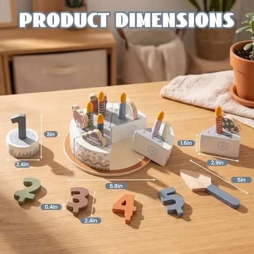 WoodenEdu Pretend Play Food for Toddlers 2-5,Wooden Birthday Fake Cake with Candles and Numbers,Tea Party Learning Kitchen Gift Toys for Boys Girls (Grey Cake) - 3
