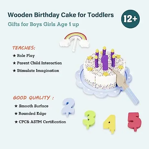 WoodenEdu Pretend Play Food for Toddlers 2-5,Wooden Birthday Fake Cake with Candles and Numbers,Tea Party Learning Kitchen Gift Toys for Boys Girls (Rainbow Cake) - 3