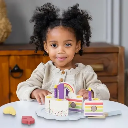 WoodenEdu Pretend Play Food for Toddlers 2-5,Wooden Birthday Fake Cake with Candles and Numbers,Tea Party Learning Kitchen Gift Toys for Boys Girls (Rainbow Cake) 