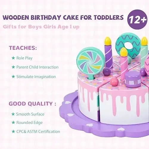 WoodenEdu Toddler Cake Toys for Toddlers 2-5, Wooden Pretend Play Food Fake Birthday Cake, Tea Party Learning Kitchen Gift Toy for Boys Girls (Cookies Cake) - 3