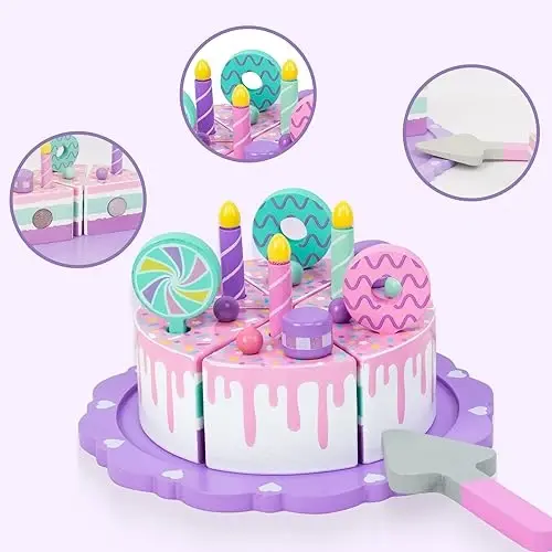 WoodenEdu Toddler Cake Toys for Toddlers 2-5, Wooden Pretend Play Food Fake Birthday Cake, Tea Party Learning Kitchen Gift Toy for Boys Girls (Cookies Cake) - 4