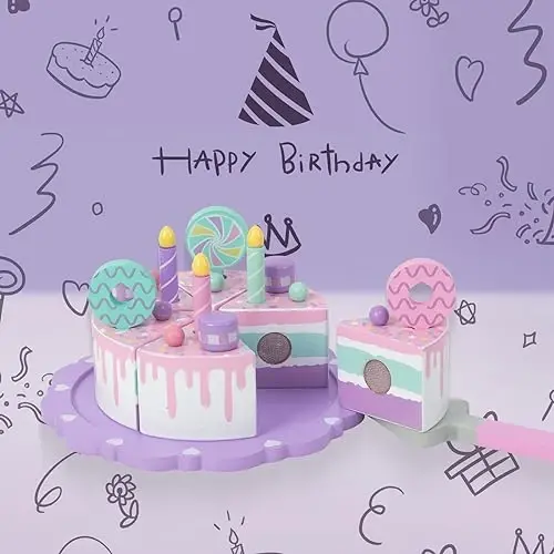 WoodenEdu Toddler Cake Toys for Toddlers 2-5, Wooden Pretend Play Food Fake Birthday Cake, Tea Party Learning Kitchen Gift Toy for Boys Girls (Cookies Cake) - 6