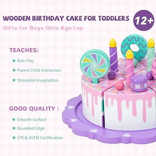 WoodenEdu Toddler Cake Toys for Toddlers 2-5,Wooden Pretend Play Food Fake Birthday Cake,Tea Party Learning Kitchen Gift Toy for Boys Girls (Cookies Cake) - 3