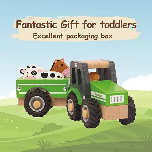 WoodenEdu Wooden Tractor Toys for Toddlers 1-3, Baby Vehicle Toys Hand Push Car Toys for 1 2 3 Year Old Boys Girls (Green) - 4