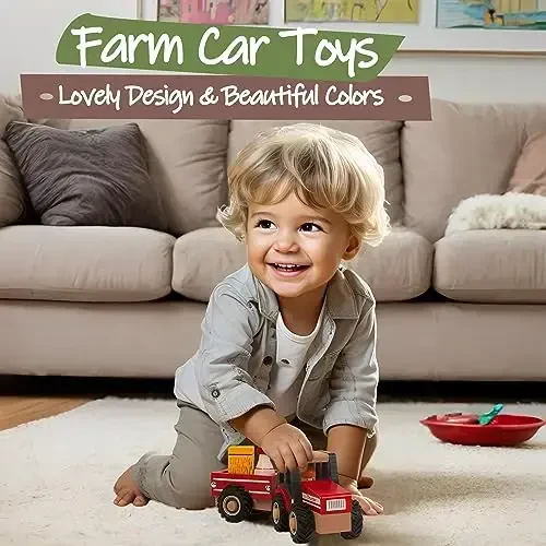WoodenEdu Wooden Tractor Toys for Toddlers 1-3, Baby Vehicle Toys Hand Push Car Toys for 1 2 3 Year Old Boys Girls (Red) - 5