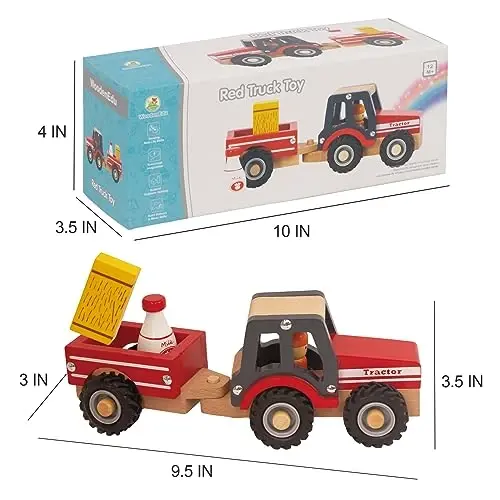WoodenEdu Wooden Tractor Toys for Toddlers 1-3, Baby Vehicle Toys Hand Push Car Toys for 1 2 3 Year Old Boys Girls (Red) - 3