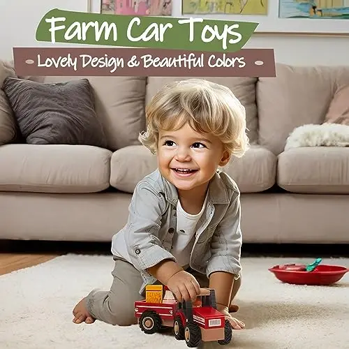 WoodenEdu Wooden Tractor Toys for Toddlers 1-3, Baby Vehicle Toys Hand Push Car Toys for 1 2 3 Year Old Boys Girls (Red) - 5