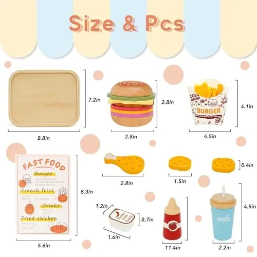 WOODENFUN Pretend Play Food Set for Kids,Wooden Fast Food Playset with Tray Hamburger Cola Fries Combo,Play Kitchen Accessories Role Play Toys,Christmas Birthday Gift for Kids Boys Girls - 4