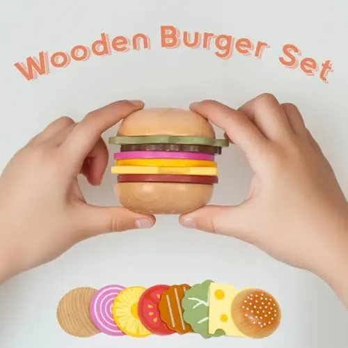 WOODENFUN Pretend Play Food Set for Kids,Wooden Fast Food Playset with Tray Hamburger Cola Fries Combo,Play Kitchen Accessories Role Play Toys,Christmas Birthday Gift for Kids Boys Girls - 2