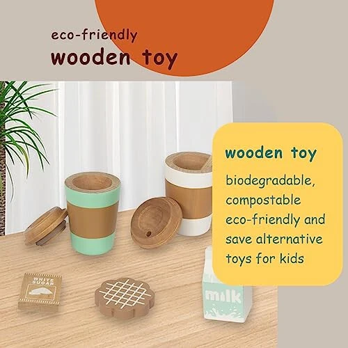 WOODENFUN O'yinchoq Kofe Kubogi, Yog'och O'yinchoq Oshxona Aksessuarlari, Bolalar Oshxonasi Uchun Soxta Oziq-ovqat O'yinlari, Go'daklar va Bolalar Uchun Ta'lim O'yinchoqi, Tug'ilgan Kun Sovg'asi - 9