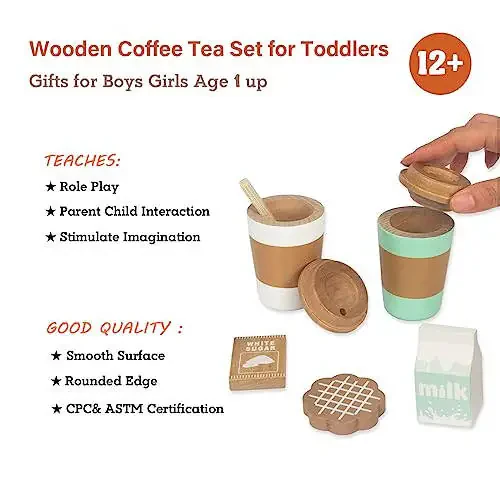 WOODENFUN Pretend Play Coffee Cup Toys, Wooden Play Kitchen Accessories, Fake Food Play for Kids Kitchen, Educational Toy for Toddler Children Birthday Gift - 20