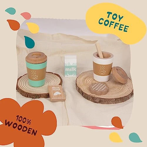 WOODENFUN Pretend Play Coffee Cup Toys, Wooden Play Kitchen Accessories, Fake Food Play for Kids Kitchen, Educational Toy for Toddler Children Birthday Gift - 16