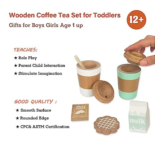 WOODENFUN Pretend Play Coffee Cup Toys, Wooden Play Kitchen Accessories, Fake Food Play for Kids Kitchen, Educational Toy for Toddler Children Birthday Gift - WOODENFUN (1)