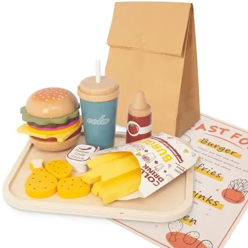 WOODENFUN Pretend Play Food Set for Kids,Wooden Fast Food Playset with Tray Hamburger Cola Fries Combo,Play Kitchen Accessories Role Play Toys,Christmas Birthday Gift for Kids Boys Girls - 1