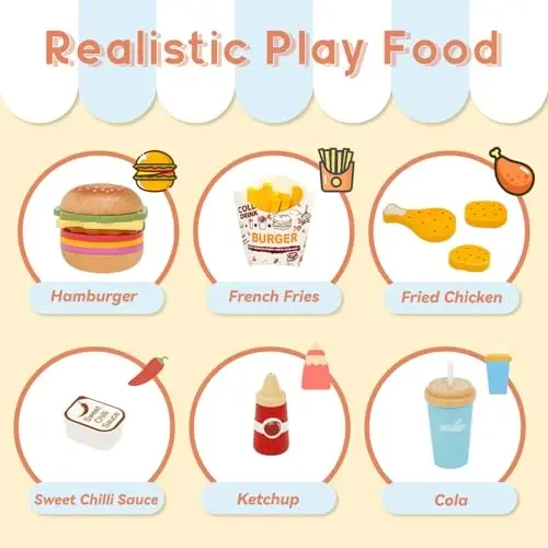 WOODENFUN Pretend Play Food Set for Kids,Wooden Fast Food Playset with Tray Hamburger Cola Fries Combo,Play Kitchen Accessories Role Play Toys,Christmas Birthday Gift for Kids Boys Girls - 3