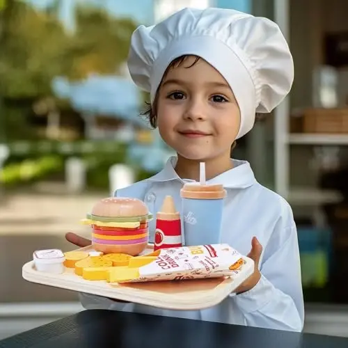 WOODENFUN Pretend Play Food Set for Kids,Wooden Fast Food Playset with Tray Hamburger Cola Fries Combo,Play Kitchen Accessories Role Play Toys,Christmas Birthday Gift for Kids Boys Girls - 5