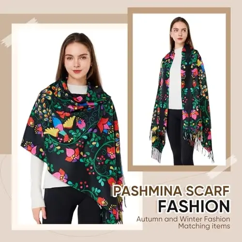 WOODLAND WREATH PasModazoneina Shawls and Wraps, Double-side pattern Long Scarf for Women, Perfect for Winter and Fall - 2