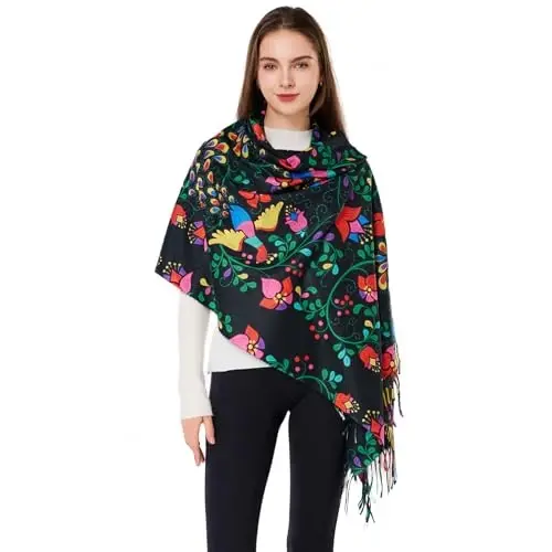 WOODLAND WREATH PasModazoneina Shawls and Wraps, Double-side pattern Long Scarf for Women, Perfect for Winter and Fall - 6