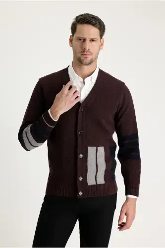 Wool Blend Patterned Knit Cardigan-Burgundy - 1
