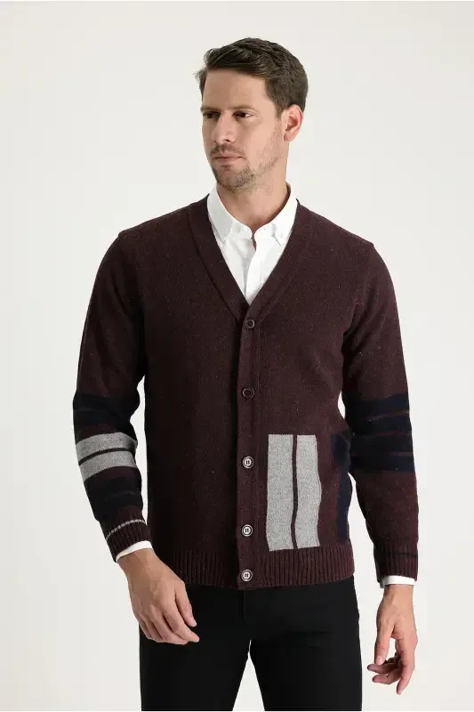 Wool Blend Patterned Knit Cardigan-Burgundy - 2