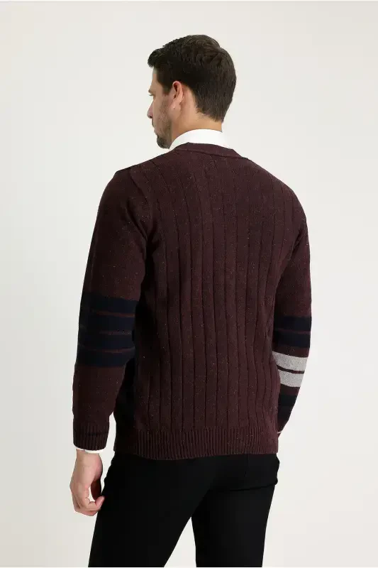 Wool Blend Patterned Knit Cardigan-Burgundy - 3