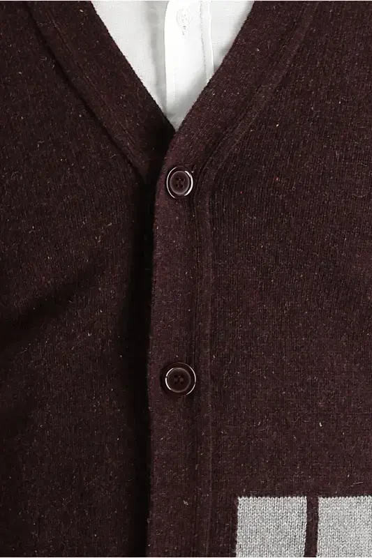 Wool Blend Patterned Knit Cardigan-Burgundy - 4