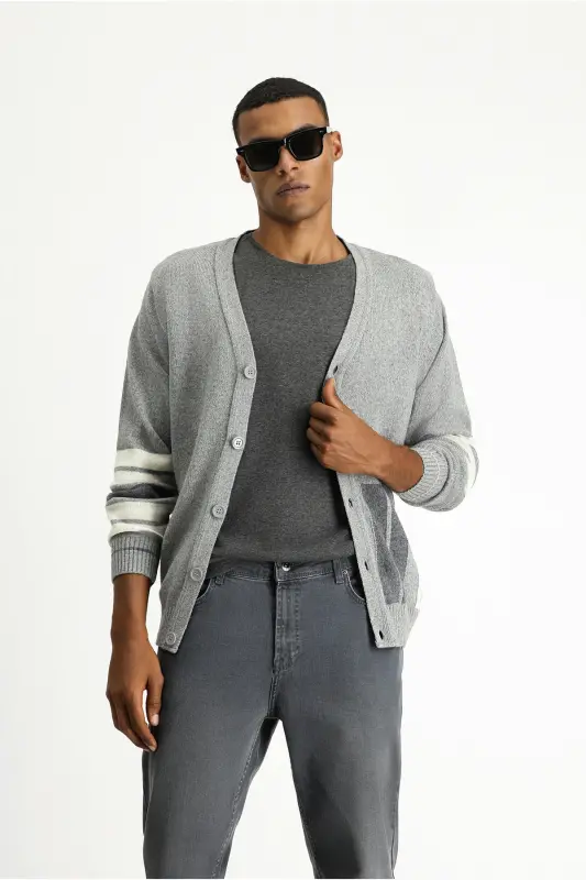 Wool Blend Patterned Knit Cardigan-Light Gray - 1
