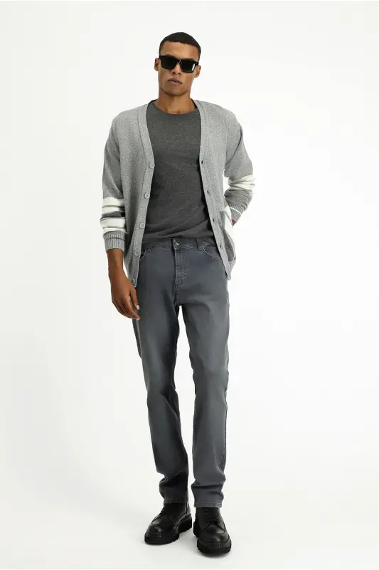 Wool Blend Patterned Knit Cardigan-Light Gray - 2