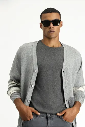 Wool Blend Patterned Knit Cardigan-Light Gray - 3