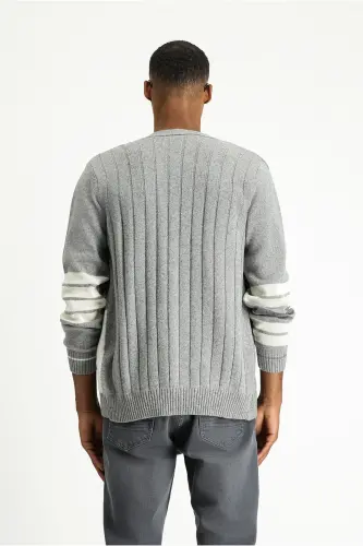 Wool Blend Patterned Knit Cardigan-Light Gray - 4