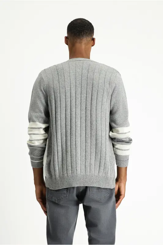 Wool Blend Patterned Knit Cardigan-Light Gray - 4